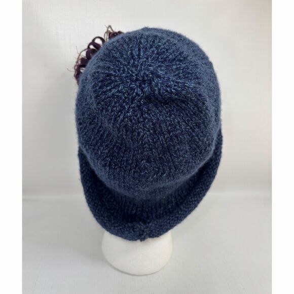 Denim Blue Knit Winter Cloche Hat Embellished Rolled Brim Boho Floral Handmade main image 5